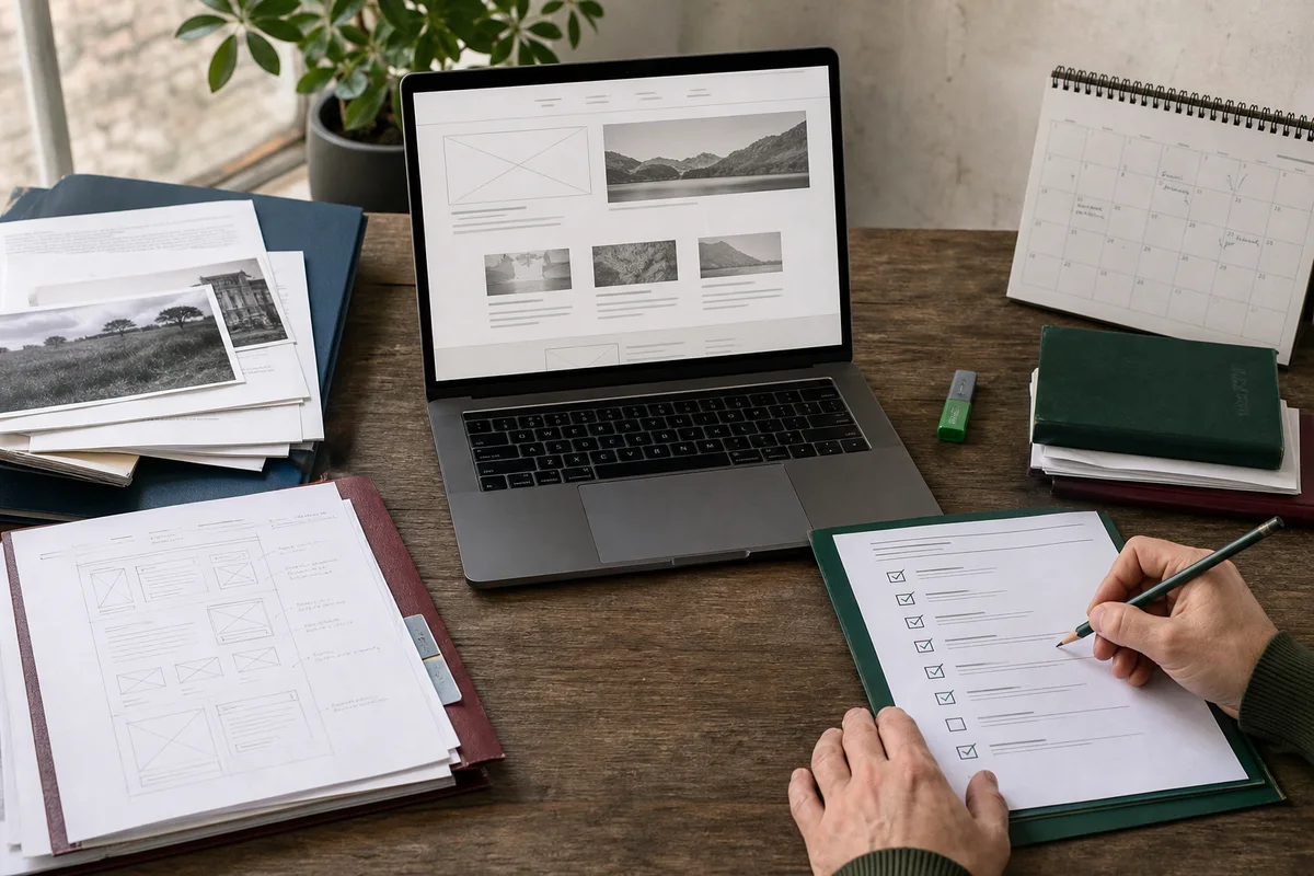 Editorial photograph of a delivery review table with source documents, a website wireframe and a checked maintenance plan