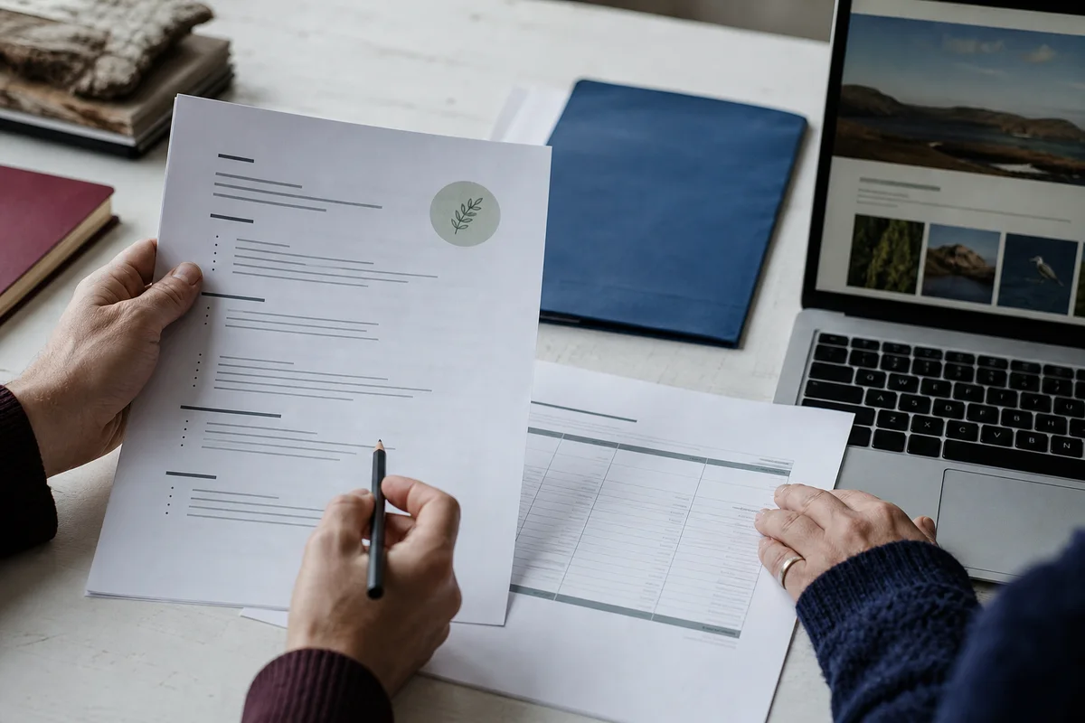 Editorial photograph of hands reviewing a project brief, a budget worksheet and a laptop website preview
